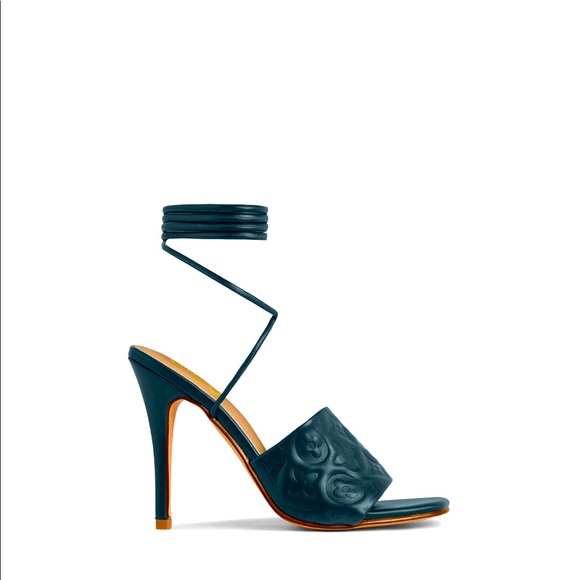 Lace up printed detail strap square toe 4.5” heels - Picture 1 of 13